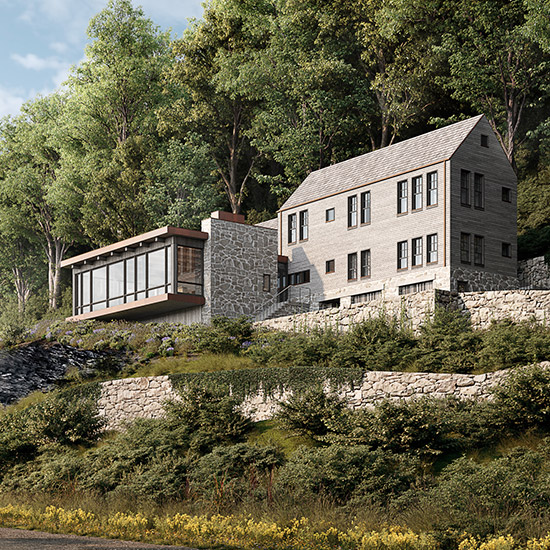 A new high-performance shared country house in upstate NY is marked by twin gable forms connected by a large, glassed-walled living porch that overlooks the valley below.